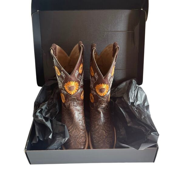 Reywelt Western Boots Embossed Leather Sunflower Embroidery Size 8 Square Toe - Picture 2 of 13